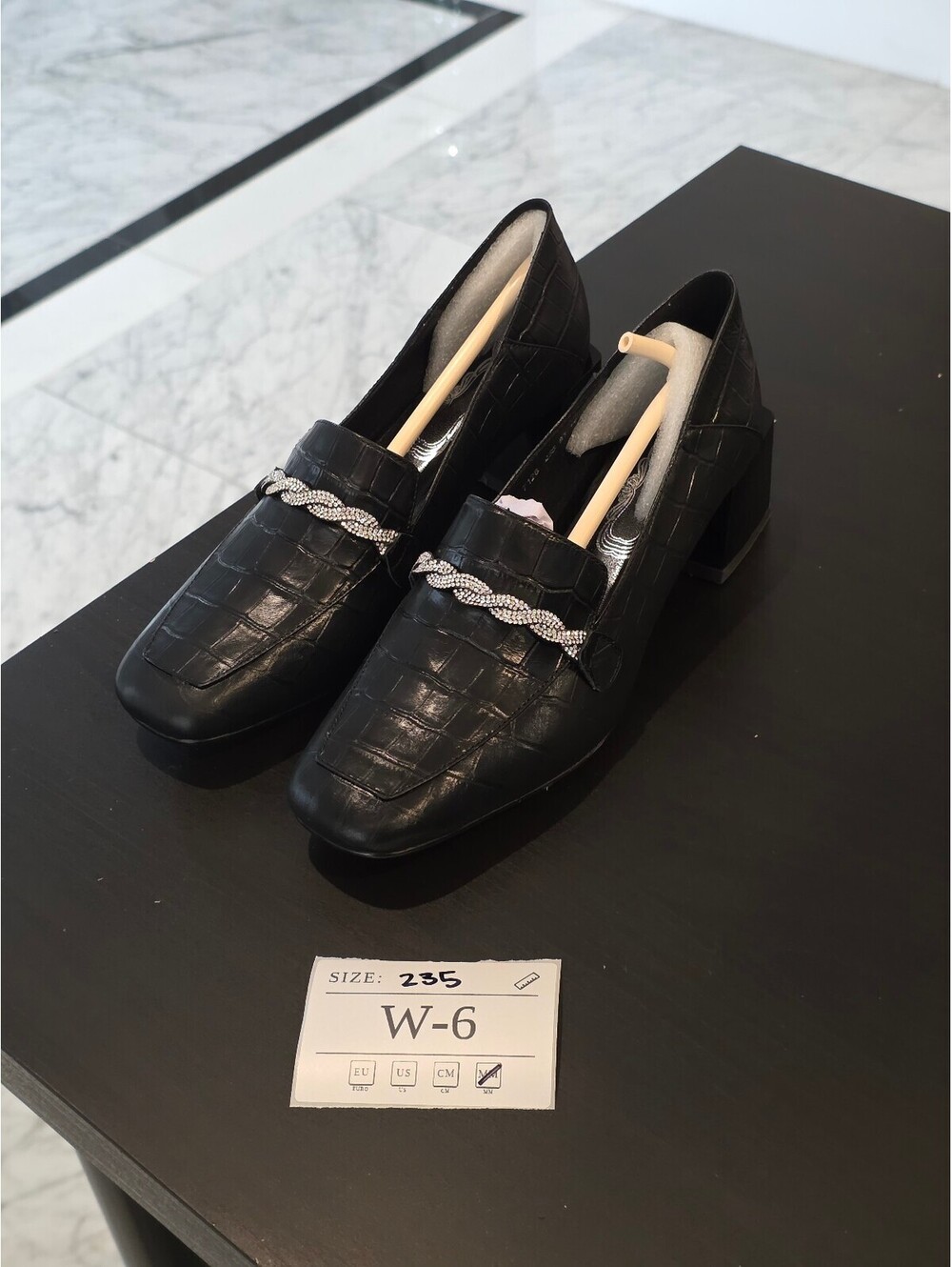 Women's Black Croc Embossed Loafers with Chain Detail